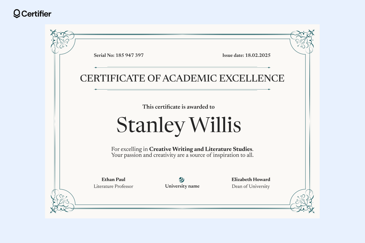 Certificate of academic excellence with elegant borders and classic typography for educational achievements. Certificate of academic excellence with elegant borders and classic typography for educational achievements.