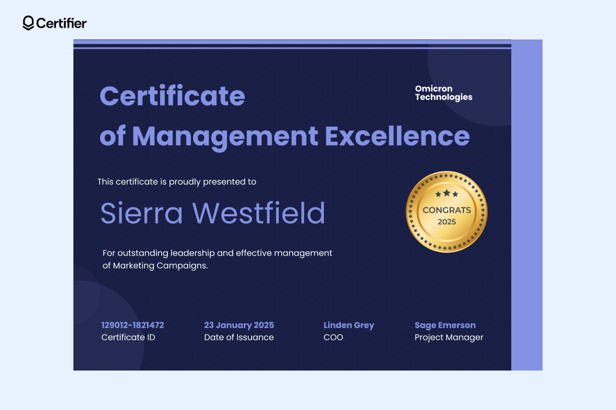 Certificate of management excellence with purple borders and a place for your company logo; easily editable. Certificate of management excellence with purple borders and a place for your company logo; easily editable.