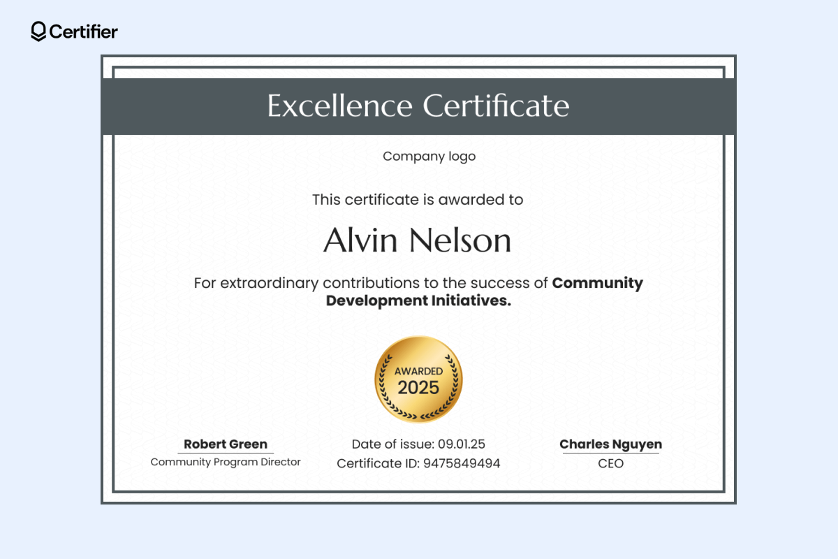 Certificate of excellence award featuring minimalist style and customizable elements for professional recognition. Certificate of excellence award featuring minimalist style and customizable elements for professional recognition.