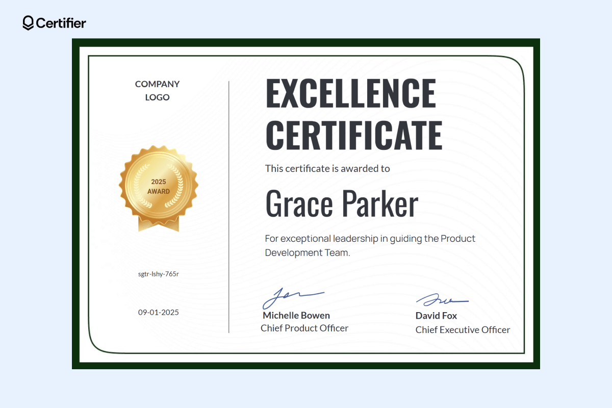 Certificate of business excellence designed for corporate achievements with a gold seal and signature section. Certificate of business excellence designed for corporate achievements with a gold seal and signature section.