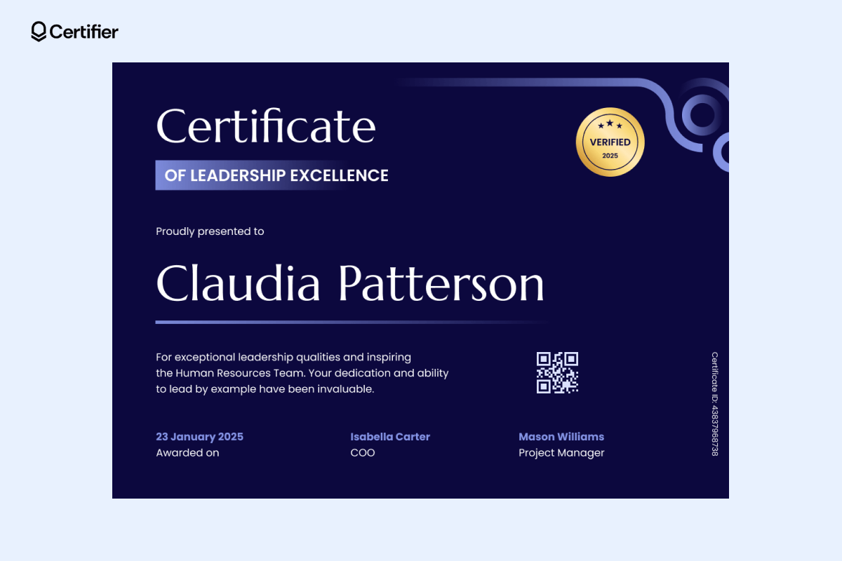 Certificate of leadership excellence in purple colors with an emblem in the middle, personalized message and elegant decoration in the corner. Certificate of leadership excellence in purple colors with an emblem in the middle, personalized message and elegant decoration in the corner.