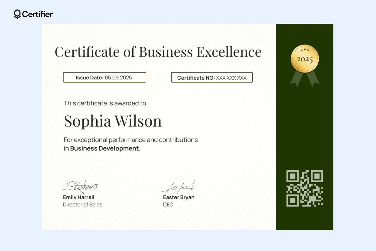 One of the certificate of excellence examples with green elements, QR code, gold seal, and elegant design. One of the certificate of excellence examples with green elements, QR code, gold seal, and elegant design.