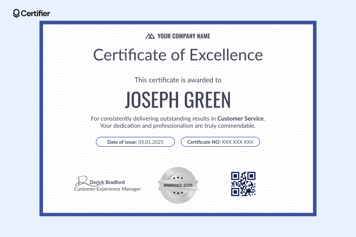 One of the certificate of excellence examples with blue elements and a QR code for one-click verification. One of the certificate of excellence examples with blue elements and a QR code for one-click verification.