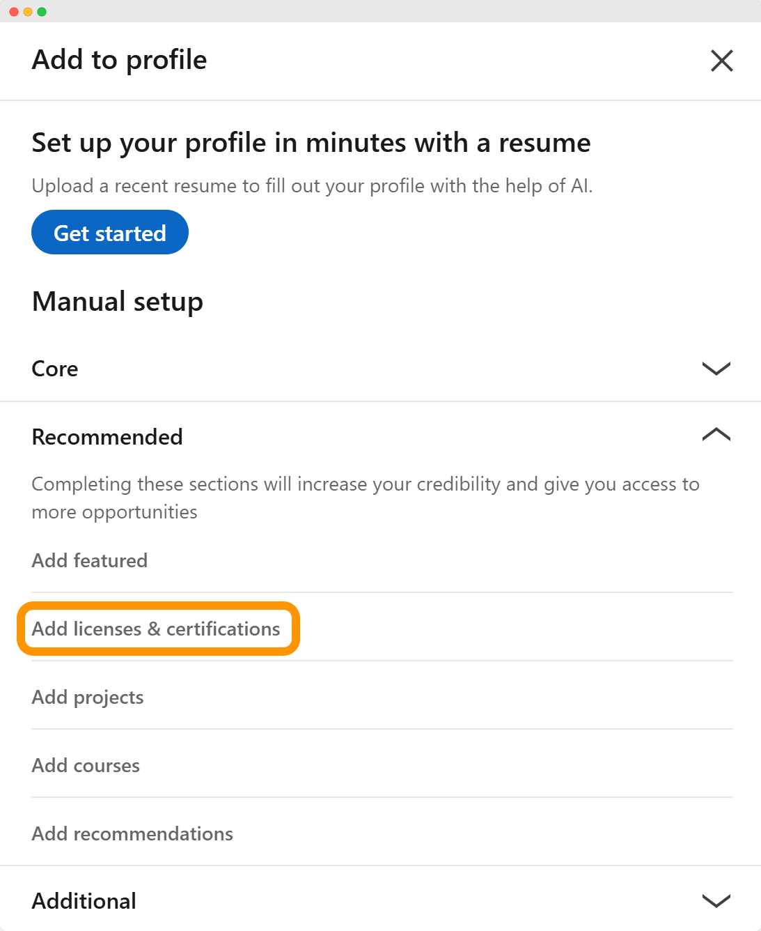 Selecting licenses and certifications as one of the steps on how to add badge to Linkedin.