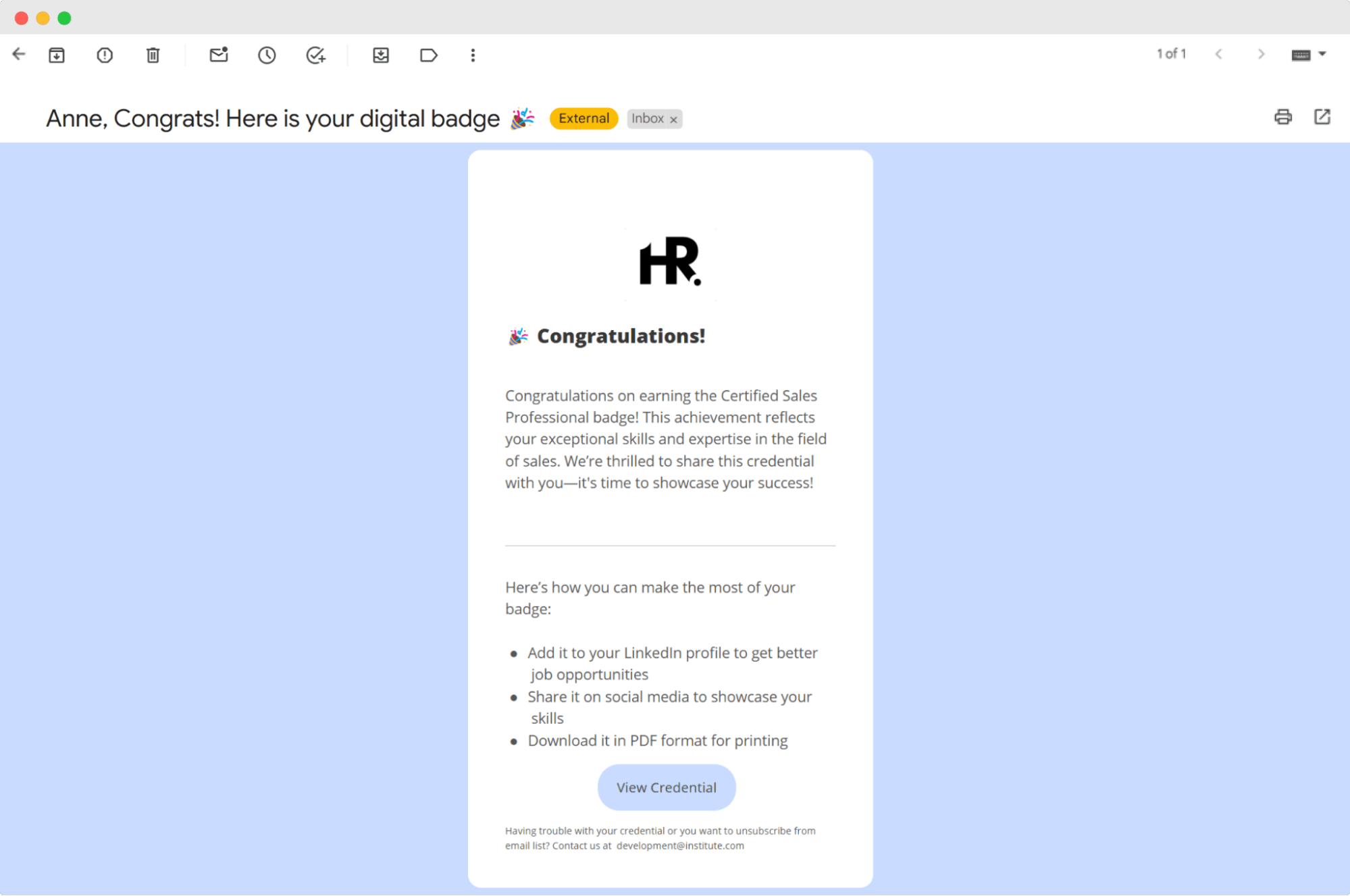 Email showing a button with instructions on how to add digital badge to LinkedIn. Email showing a button with instructions on how to add digital badge to LinkedIn.