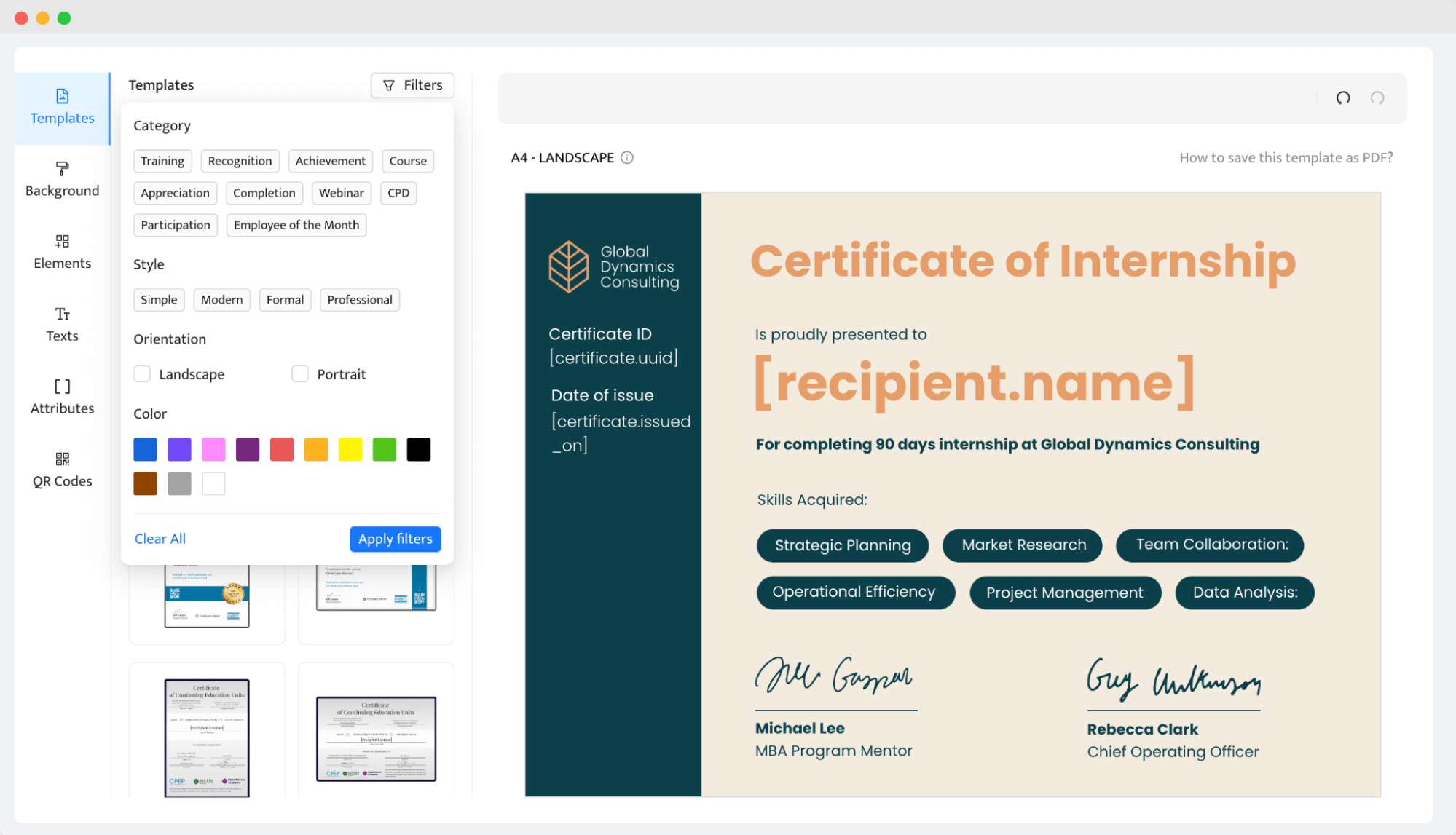 The design interface of a qr code generator displays a certificate with customizable text and options to include a unique QR code. The design interface of a qr code generator displays a certificate with customizable text and options to include a unique QR code.