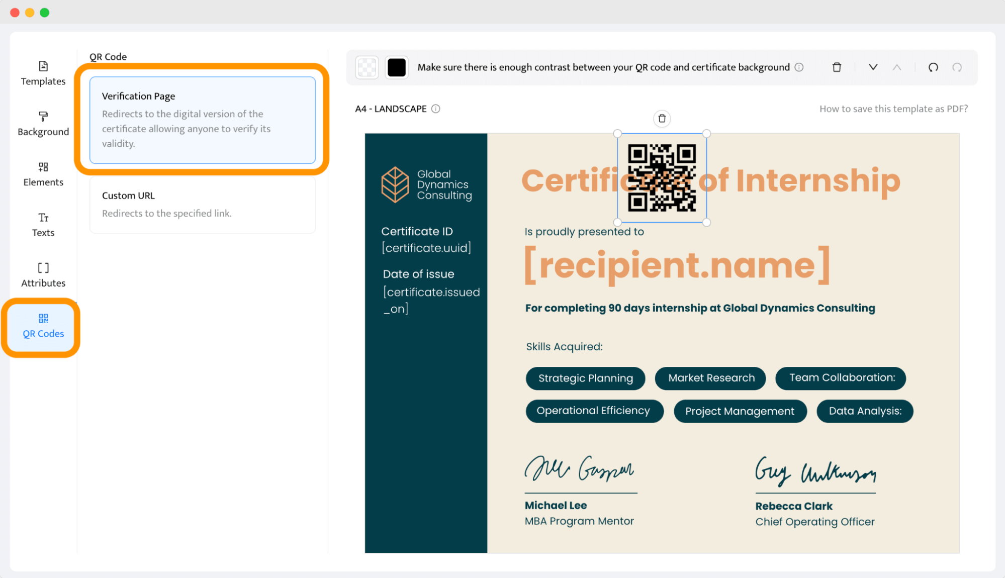 A certificate template with a prominent QR code for scanning the QR code to verify credentials and validate authenticity. A certificate template with a prominent QR code for scanning the QR code to verify credentials and validate authenticity.