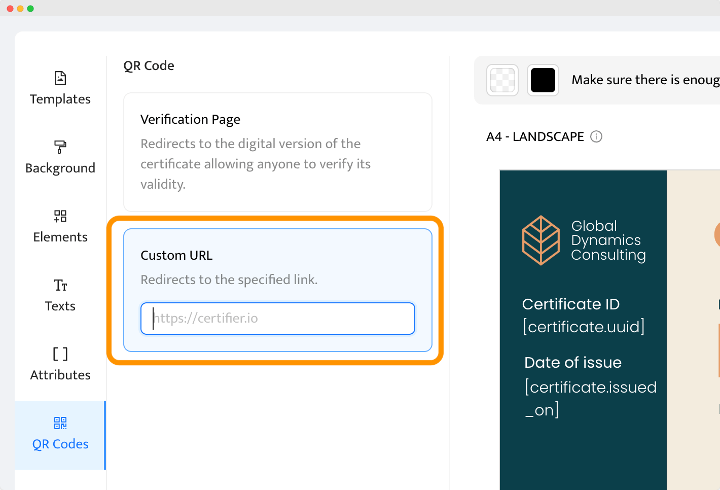 The interface of a qr code generator showing options for QR code verification, with a custom URL field to create a unique QR code for certificates. The interface of a qr code generator showing options for QR code verification, with a custom URL field to create a unique QR code for certificates.