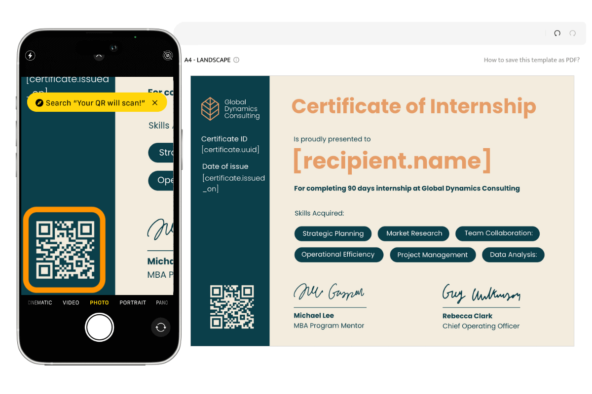 Scanning QR code on the certifiacte via the smartphone. Scanning QR code on the certifiacte via the smartphone.
