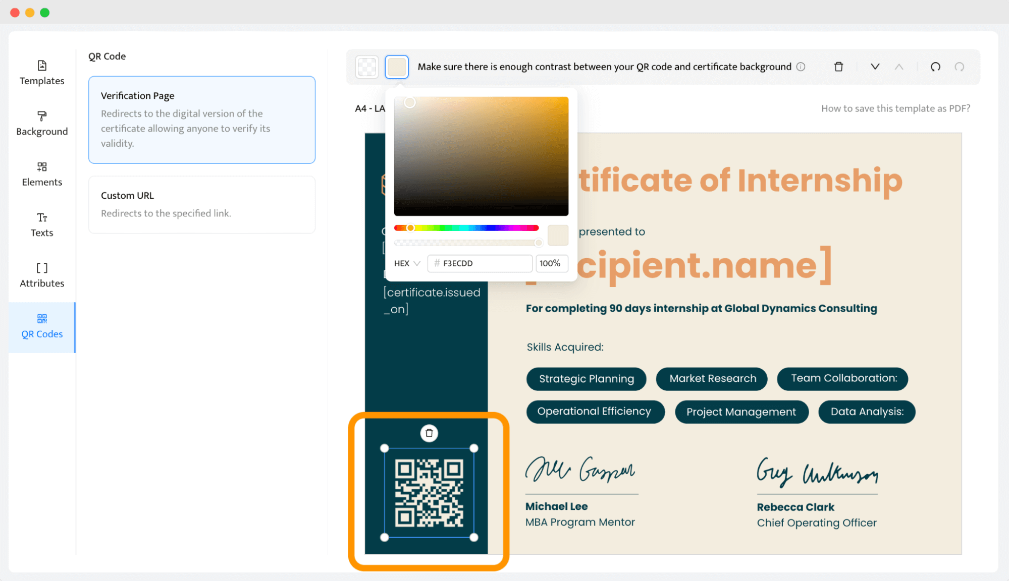 A zoomed-in QR code on a certificate and the process of changing its color, background and place. A zoomed-in QR code on a certificate and the process of changing its color, background and place.