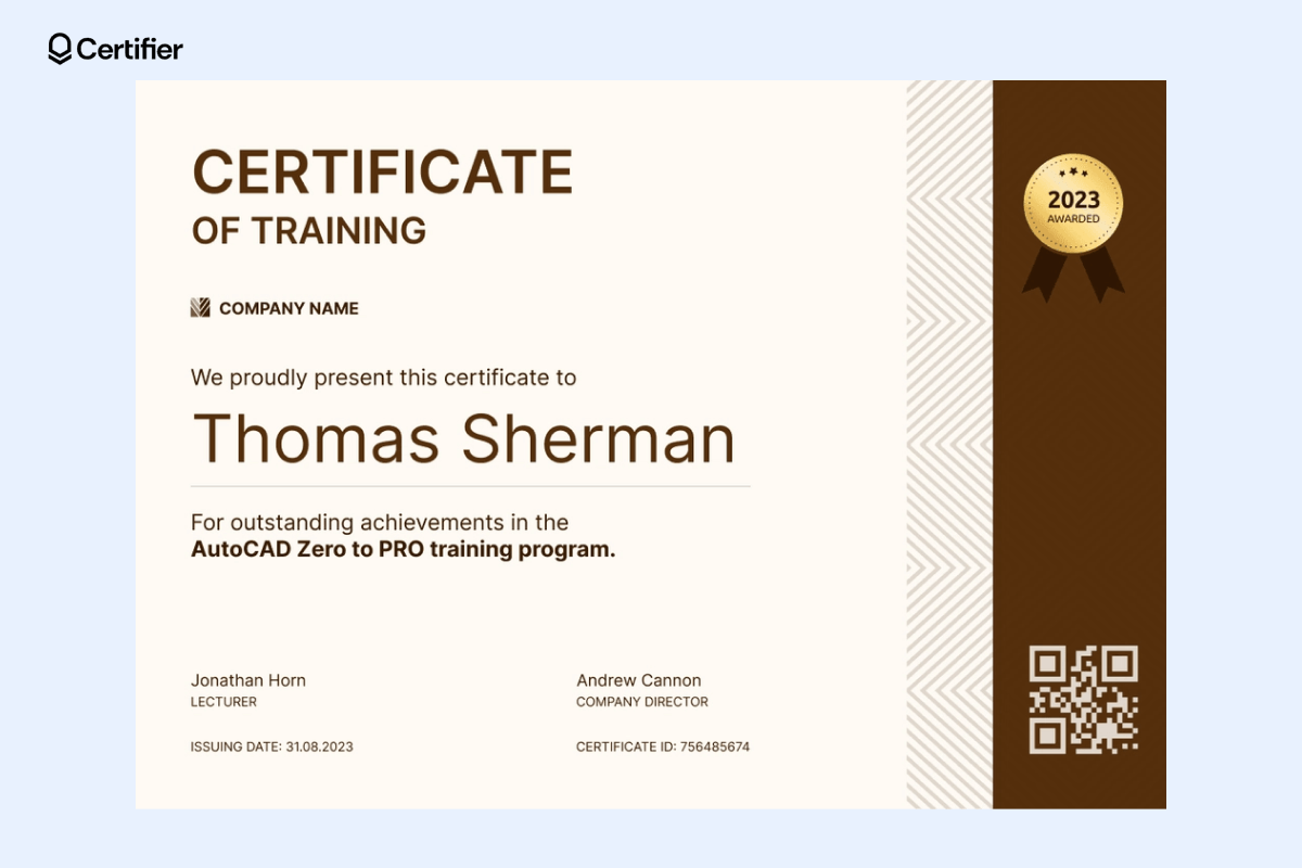 Elegant training certificate template in brown tones, recognizing Thomas Sherman’s achievement in the Zero to PRO program. Elegant training certificate template in brown tones, recognizing Thomas Sherman’s achievement in the Zero to PRO program.