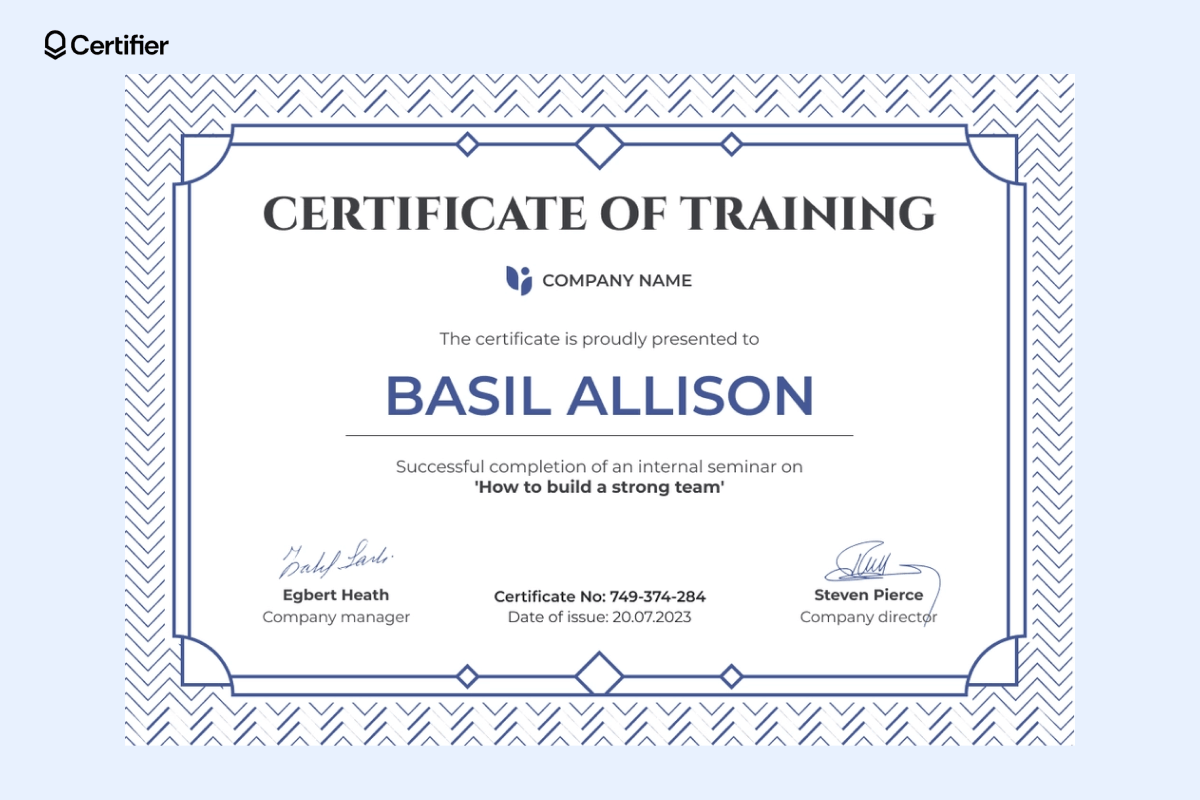 Professional training certificate template featuring geometric patterns, awarded to Basil Allison for completing a team-building seminar. Professional training certificate template featuring geometric patterns, awarded to Basil Allison for completing a team-building seminar.