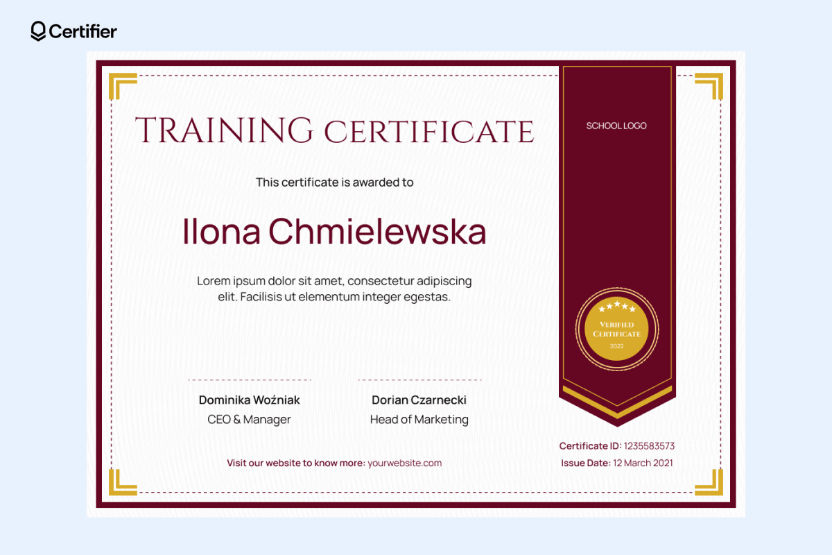 Stylish maroon and gold training certificate template awarded to Ilona Chmielewska, showcasing verified certification details. Stylish maroon and gold training certificate template awarded to Ilona Chmielewska, showcasing verified certification details.