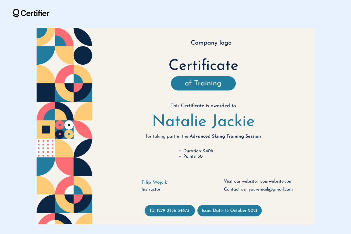Colorful and modern training certificate template for Natalie Jackie, highlighting advanced skiing training session details. Colorful and modern training certificate template for Natalie Jackie, highlighting advanced skiing training session details.