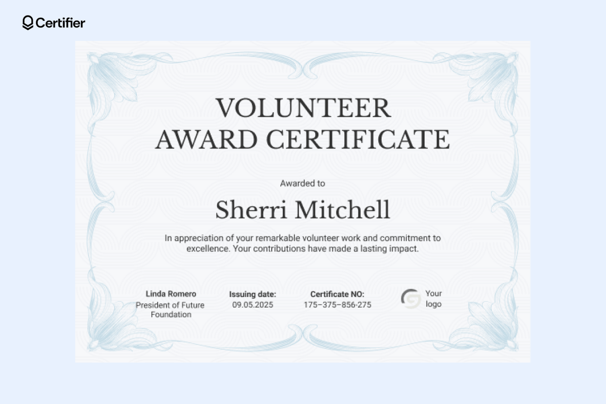 Volunteer certificate template PDF format and Word format with blue background and flowers in the corner. Volunteer certificate template PDF format and Word format with blue background and flowers in the corner.