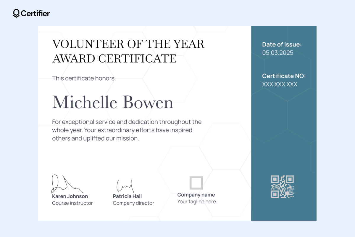 Volunteer of the year certificate template with blue elements on the side, QR code, personal message, classic fonts and signatures. Volunteer of the year certificate template with blue elements on the side, QR code, personal message, classic fonts and signatures.