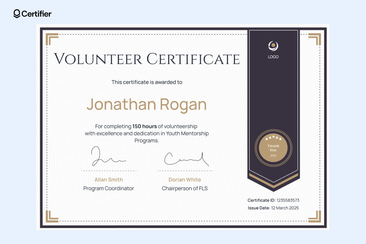 Volunteer hours certificate template with an elegant design in brown, toned colors; this volunteer certificate sample is designed for any volunteer activities. Volunteer hours certificate template with an elegant design in brown, toned colors; this volunteer certificate sample is designed for any volunteer activities.