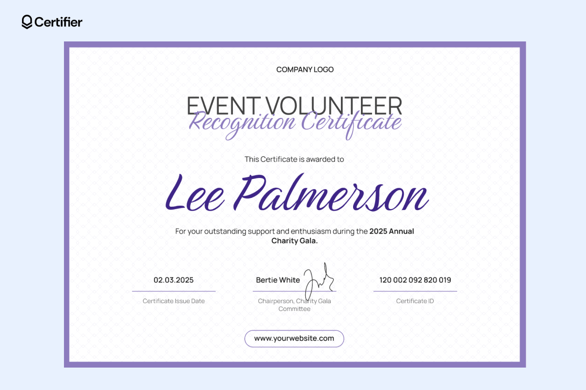 Girl scout parent volunteer certificates with violet colors, white background, and writing-like fonts; this volunteer certificate template PDF is available in Certifier. Girl scout parent volunteer certificates with violet colors, white background, and writing-like fonts; this volunteer certificate template PDF is available in Certifier.