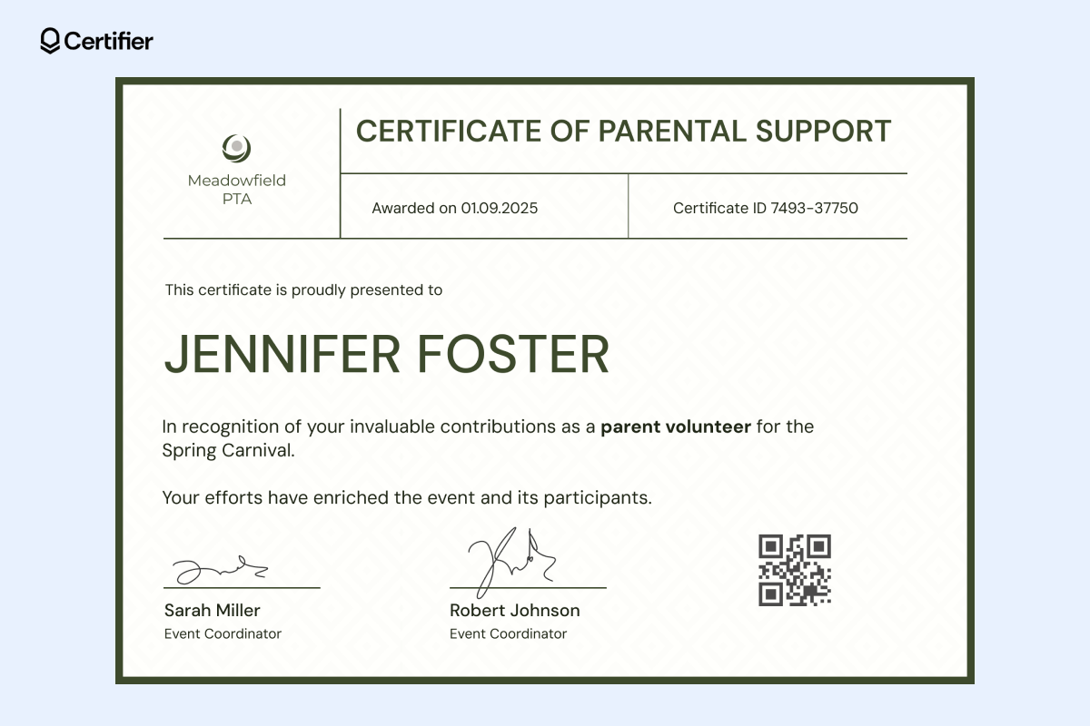 Parent volunteer certificates with green borders, QR code, and signatures; this volunteer certificate template Word, free format has special sections at the top for more clarity. Parent volunteer certificates with green borders, QR code, and signatures; this volunteer certificate template Word, free format has special sections at the top for more clarity.