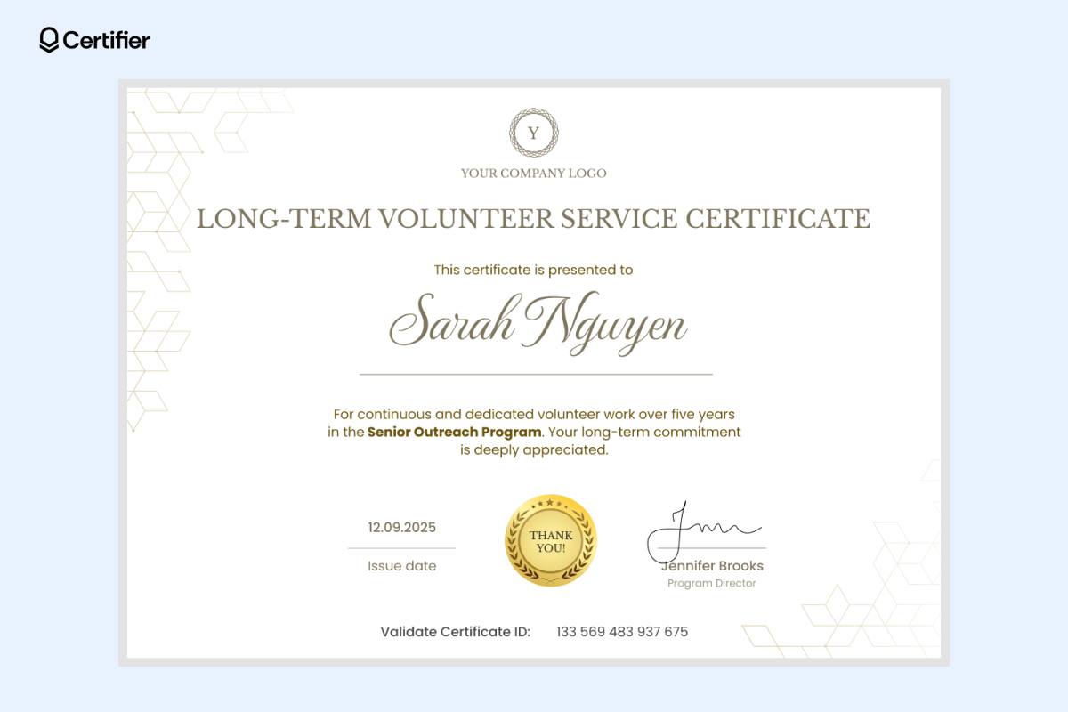 Volunteer certificate of appreciation template free to use with golden elements and a bright background with delicate, geometrical accents in the corners; this volunteer certificate template Word format is brought by Certifier. Volunteer certificate of appreciation template free to use with golden elements and a bright background with delicate, geometrical accents in the corners; this volunteer certificate template Word format is brought by Certifier.