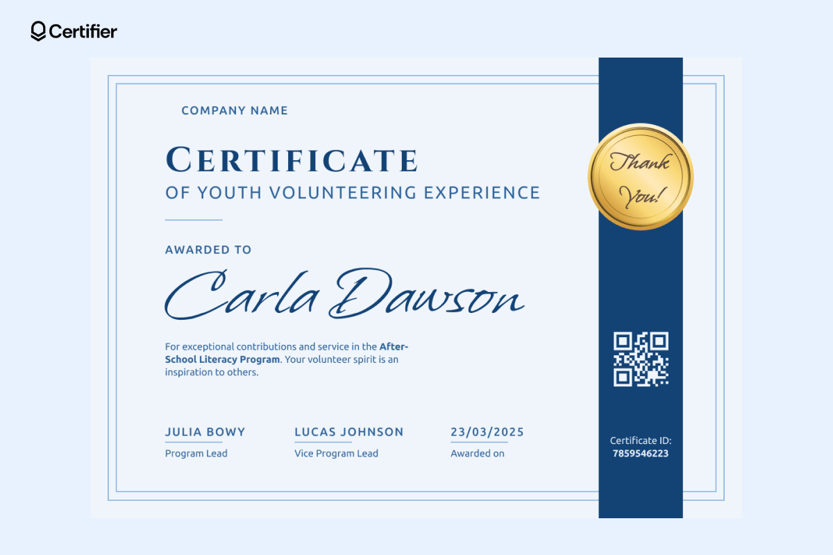 Volunteer certificate of appreciation template free to use in blue; it features a golden seal, QR code, handwriting font for the recipient's name, and a place for your logo. Volunteer certificate of appreciation template free to use in blue; it features a golden seal, QR code, handwriting font for the recipient's name, and a place for your logo.