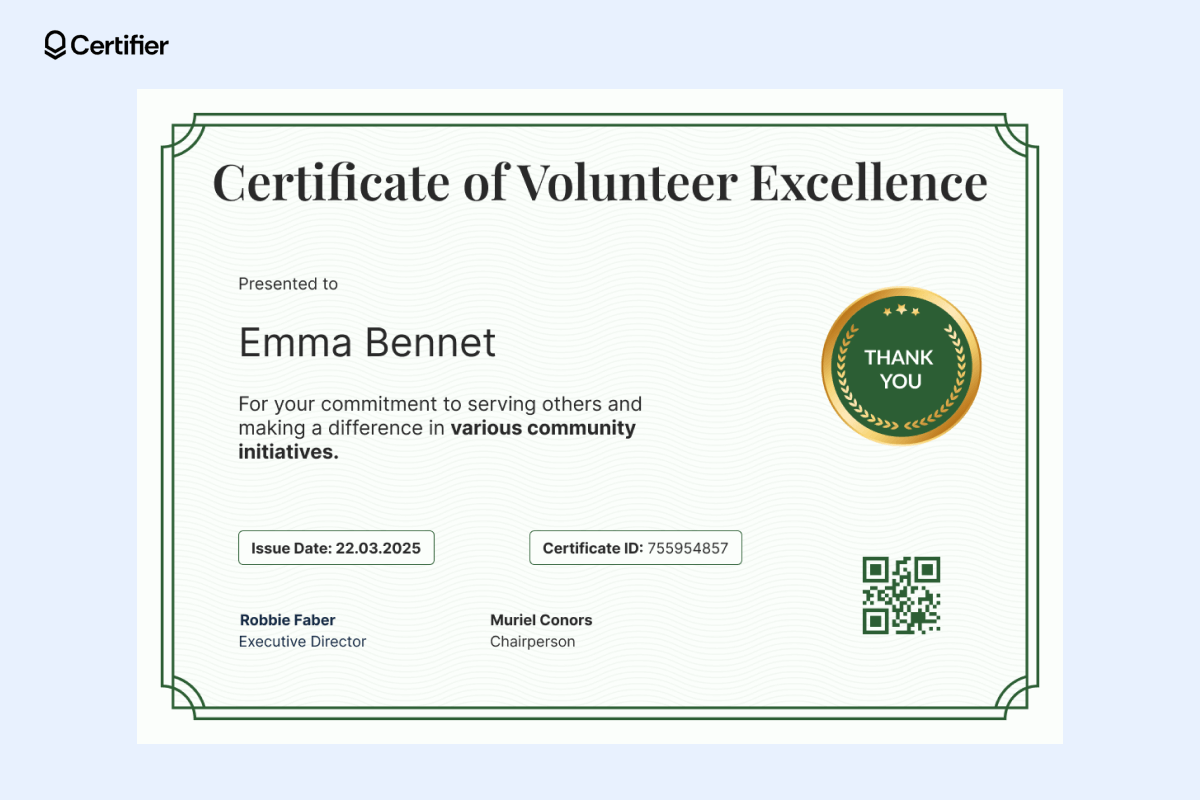 One of the volunteer certificates templates with elegant, green layout, seal, certificate ID, and issuers. One of the volunteer certificates templates with elegant, green layout, seal, certificate ID, and issuers.