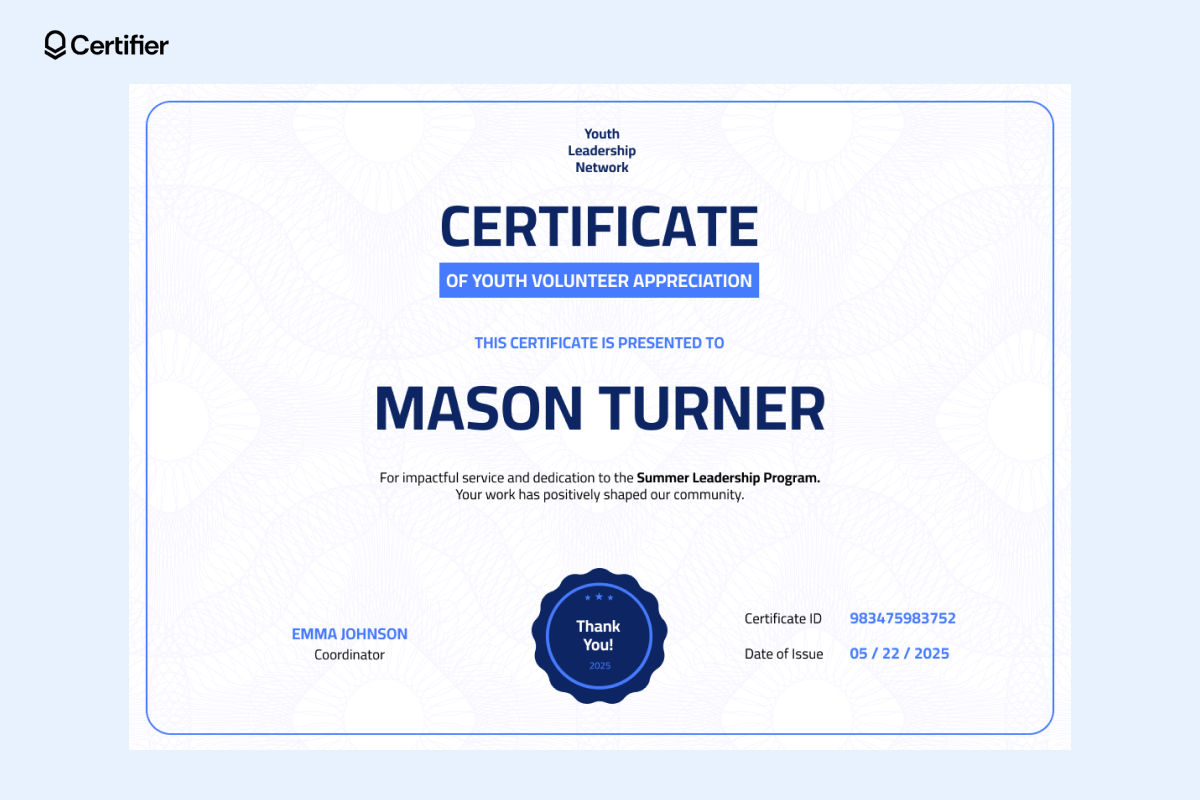 A volunteer certificate sample with blue elements, and a thank you seal in the middle; this volunteering certificate template displays a place for message, name, date, logo and more. A volunteer certificate sample with blue elements, and a thank you seal in the middle; this volunteering certificate template displays a place for message, name, date, logo and more.