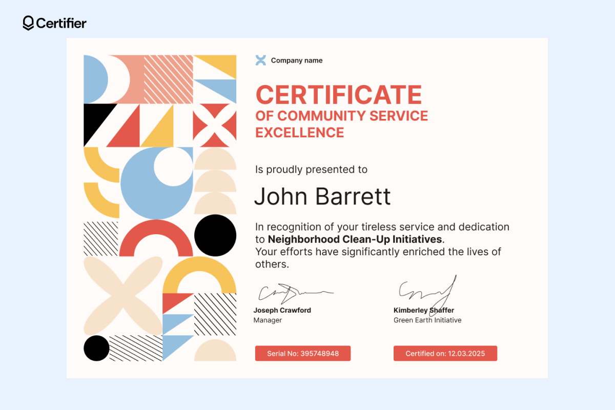 Volunteer community service certificate template with geometrical shapes and joyful, bright colors; this volunteer certificate provides space for the recipient’s name, message, certificate ID, and more. Volunteer community service certificate template with geometrical shapes and joyful, bright colors; this volunteer certificate provides space for the recipient’s name, message, certificate ID, and more.