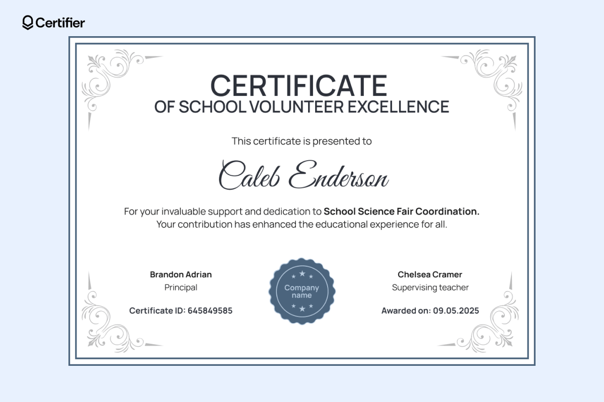 School volunteer certificate template with ornamental border and navy blue badge in the middle. School volunteer certificate template with ornamental border and navy blue badge in the middle.