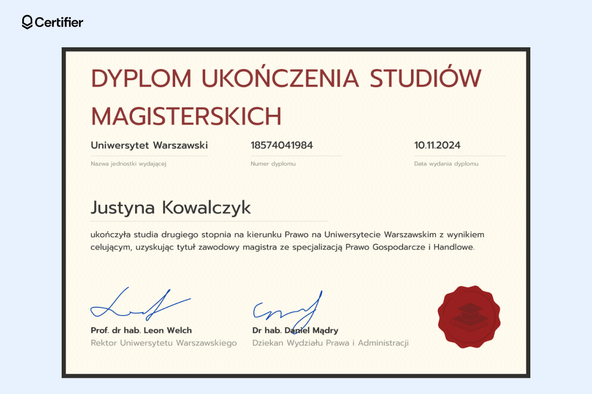 Retro dyplom ukończenia studiów magisterskich z czarną ramką, dużym czerwonym emblematem w prawym dolnym roku i nazwiskiem odbiorcy wyrównanym do lewej. Retro dyplom ukończenia studiów magisterskich z czarną ramką, dużym czerwonym emblematem w prawym dolnym roku i nazwiskiem odbiorcy wyrównanym do lewej.