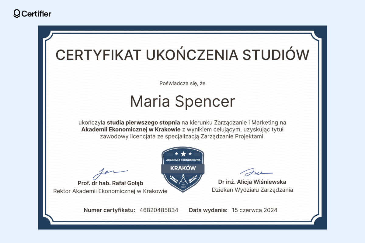 Minimalistyczny niebieski certyfikat ukończenia studiów z ciemnoniebieską ramką, centralnym logo uczelni i podpisami po bokach. Minimalistyczny niebieski certyfikat ukończenia studiów z ciemnoniebieską ramką, centralnym logo uczelni i podpisami po bokach.