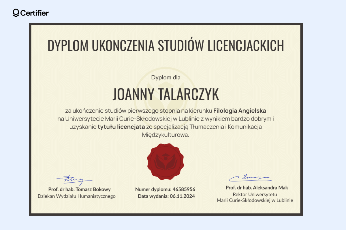 Vintage dyplom ukończenia studiów licencjackich z ciemniejszym tłem, wyśrodkowanym tekstem, czerwoną pieczęcią i symetrycznie rozmieszczonymi podpisami. Vintage dyplom ukończenia studiów licencjackich z ciemniejszym tłem, wyśrodkowanym tekstem, czerwoną pieczęcią i symetrycznie rozmieszczonymi podpisami.