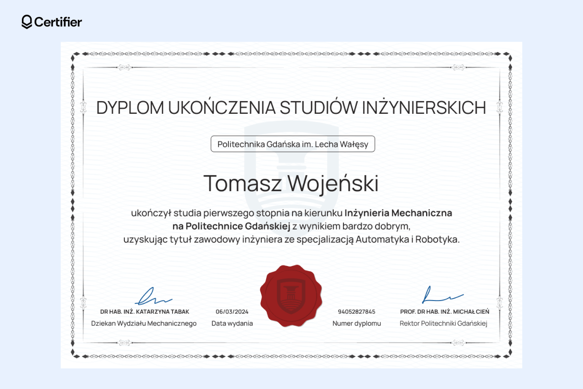 Biały dyplom ukończenia studiów inżynierskich z czerwonym emblematem na dole, cienką ozdobną ramką i szczegółami, takimi jak numer dyplomu i data wydania. Biały dyplom ukończenia studiów inżynierskich z czerwonym emblematem na dole, cienką ozdobną ramką i szczegółami, takimi jak numer dyplomu i data wydania.