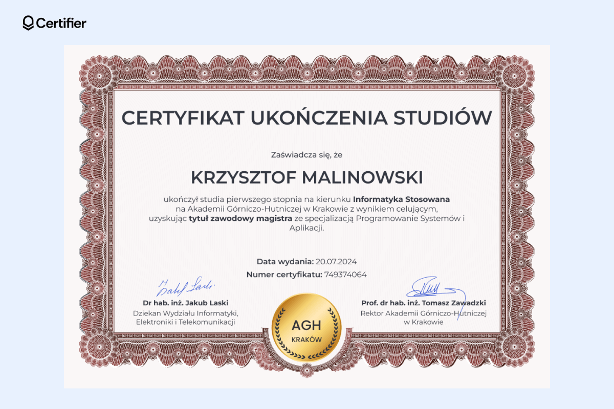 Formalny certyfikat ukończenia studiów z bordową, misterną ramką, złotym logo na dole i eleganckim białym tłem. Formalny certyfikat ukończenia studiów z bordową, misterną ramką, złotym logo na dole i eleganckim białym tłem.
