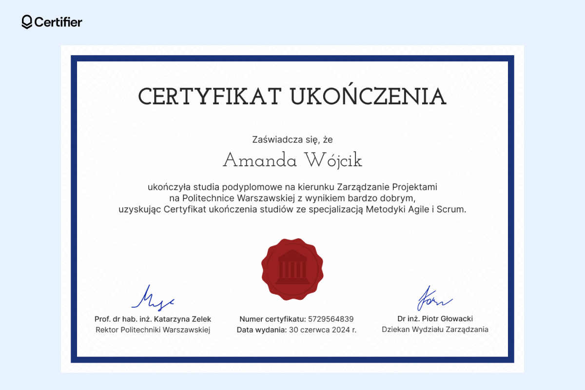 Nowoczesny certyfikat ukończenia studiów z białym tłem, błękitną ramką, ręcznymi podpisami i dużą czerwoną pieczęcią na dole. Nowoczesny certyfikat ukończenia studiów z białym tłem, błękitną ramką, ręcznymi podpisami i dużą czerwoną pieczęcią na dole.