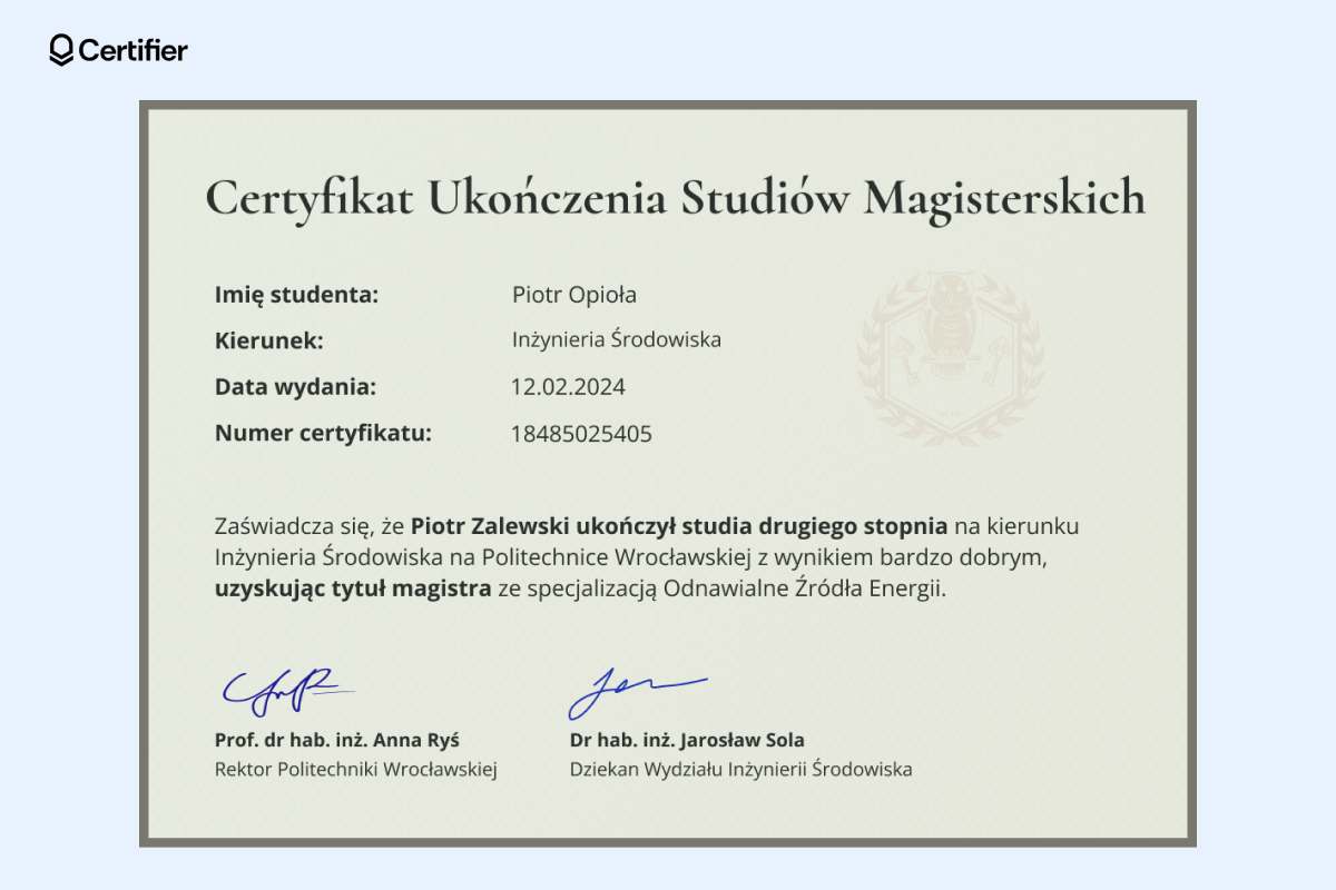 Formalny certyfikat ukończenia studiów magisterskich z wąską brązową ramką, stonowanym logo i wyeksponowanymi kluczowymi informacjami, jak imię studenta, kierunek studiów, data wydania i numer certyfikatu. Formalny certyfikat ukończenia studiów magisterskich z wąską brązową ramką, stonowanym logo i wyeksponowanymi kluczowymi informacjami, jak imię studenta, kierunek studiów, data wydania i numer certyfikatu.