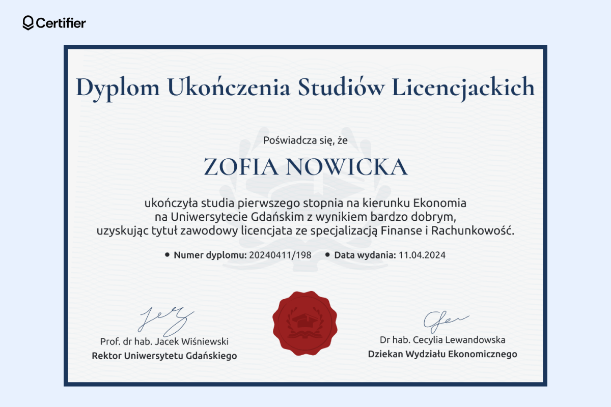 Elegancki certyfikat ukończenia studiów licencjackich z jasnym tłem, ciemnoniebieską ramką oraz podpisami i czerwonym emblematem u dołu. Elegancki certyfikat ukończenia studiów licencjackich z jasnym tłem, ciemnoniebieską ramką oraz podpisami i czerwonym emblematem u dołu.