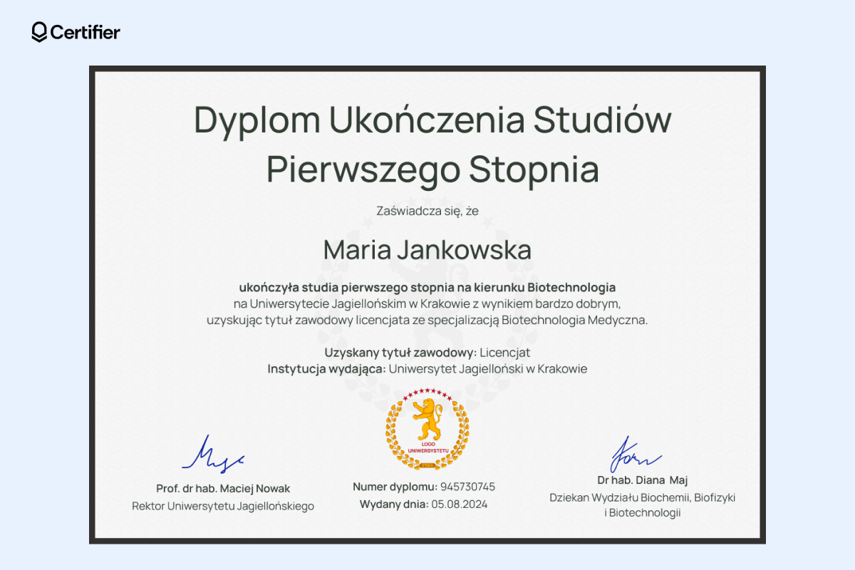 Minimalistyczny dyplom ukończenia studiów wzór z czarną ramką, złotym logo uczelni oraz prostym, wyśrodkowanym układem. Minimalistyczny dyplom ukończenia studiów wzór z czarną ramką, złotym logo uczelni oraz prostym, wyśrodkowanym układem.