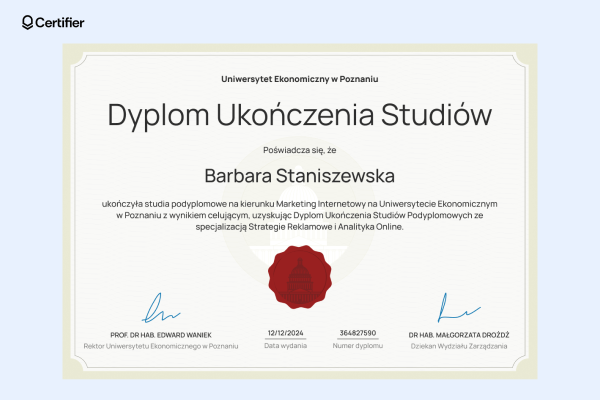 Minimalistyczny dyplom ukończenia studiów podyplomowych z kościstym tłem, ozdobną beżową ramką, wyróżnionym imieniem i nazwiskiem osoby otrzymującej oraz czerwoną pieczęcią. Minimalistyczny dyplom ukończenia studiów podyplomowych z kościstym tłem, ozdobną beżową ramką, wyróżnionym imieniem i nazwiskiem osoby otrzymującej oraz czerwoną pieczęcią.