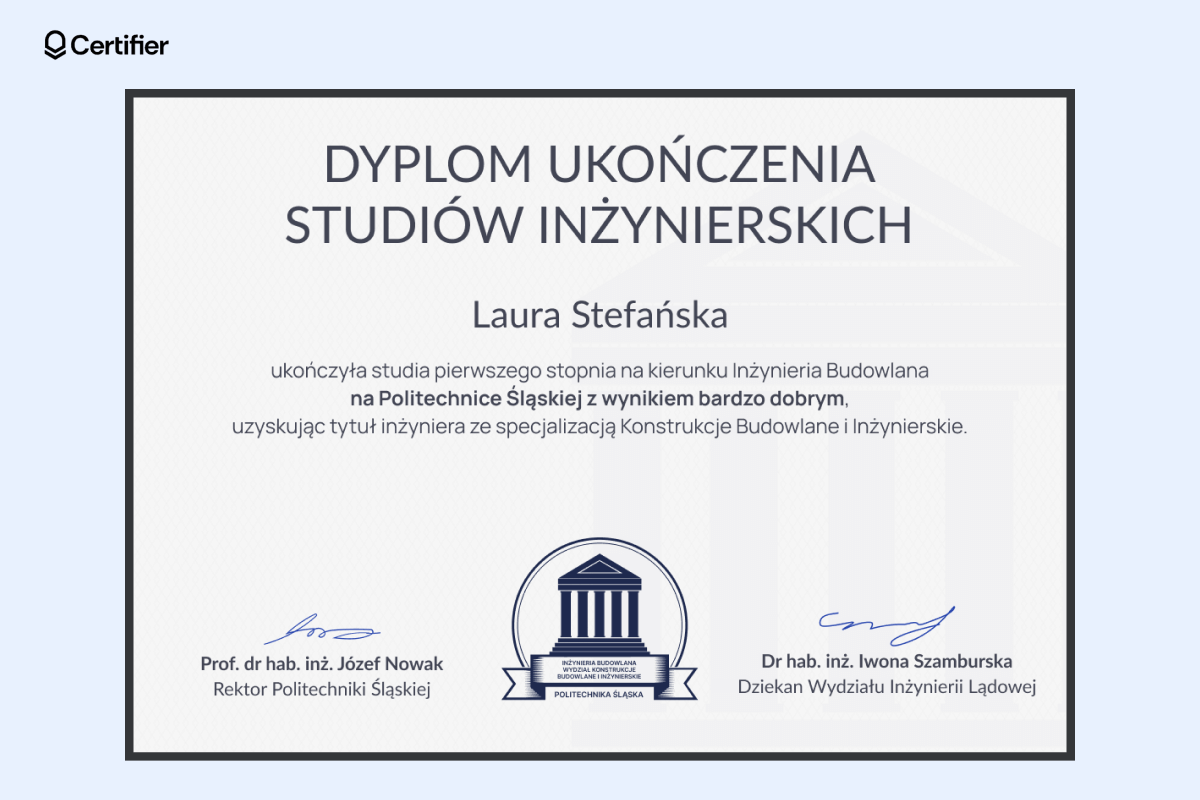 Profesjonalny dyplom ukończenia studiów inżynierskich z granatową ramką, jasnym tłem, granatowym logo na dole projektu i przejrzystym tekstem. Profesjonalny dyplom ukończenia studiów inżynierskich z granatową ramką, jasnym tłem, granatowym logo na dole projektu i przejrzystym tekstem.