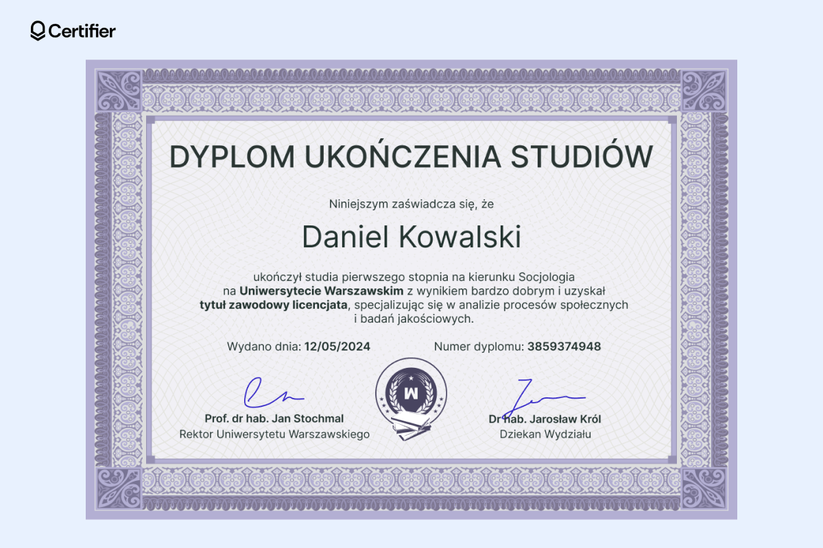 Fioletowy dyplom ukończenia studiów wzór z ozdobną grubą ramką, datą wydania i numerem dyplomu, na delikatnym tle. Fioletowy dyplom ukończenia studiów wzór z ozdobną grubą ramką, datą wydania i numerem dyplomu, na delikatnym tle.