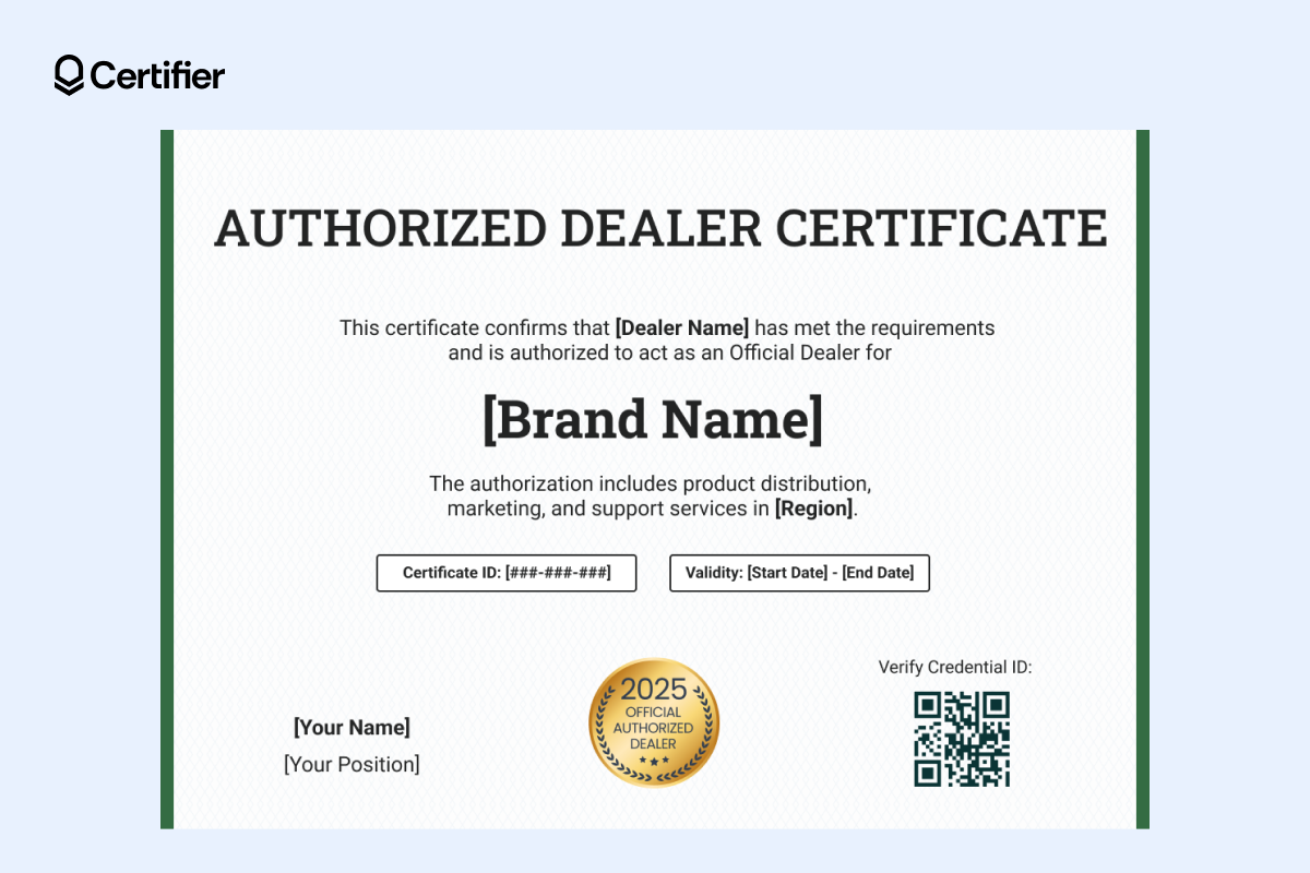 Authorized dealer certificate template with a gold seal, certificate ID, and validity fields Authorized dealer certificate template with a gold seal, certificate ID, and validity fields