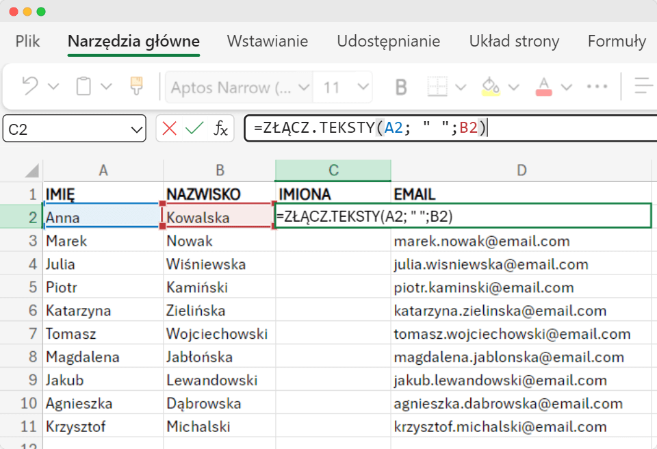 Jak połączyć dwie kolumny w Excelu imię i nazwisko za pomocą funkcji złącz.teksty, z zastosowaną formułą i wynikami pokazanymi w kolumnie IMIONA. Jak połączyć dwie kolumny w Excelu imię i nazwisko za pomocą funkcji złącz.teksty, z zastosowaną formułą i wynikami pokazanymi w kolumnie IMIONA.