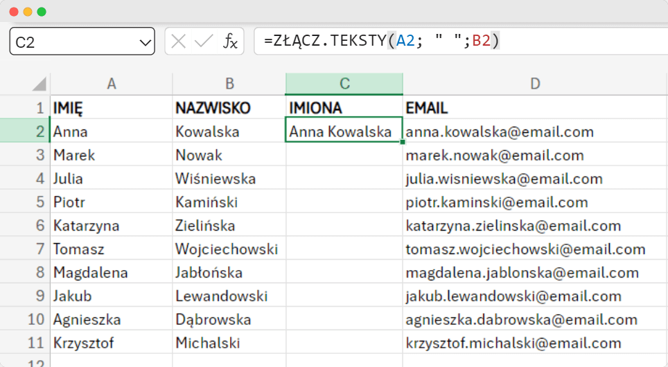 Arkusz programu Excel demonstrujący sposób jak połączyć dwie kolumny w Excelu imię i nazwisko przy użyciu funkcji złącz.teksty, z imionami w jednej kolumnie i odpowiadającymi im adresami e-mail wygenerowanymi w innej kolumnie. Arkusz programu Excel demonstrujący sposób jak połączyć dwie kolumny w Excelu imię i nazwisko przy użyciu funkcji złącz.teksty, z imionami w jednej kolumnie i odpowiadającymi im adresami e-mail wygenerowanymi w innej kolumnie.