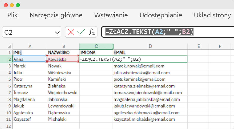 Przykład pokazujący, jak połączyć imię i nazwisko w Excelu za pomocą funkcji ZŁĄCZ.TEKST, z formułą wyświetlaną w kolumnie Imiona. Przykład pokazujący, jak połączyć imię i nazwisko w Excelu za pomocą funkcji ZŁĄCZ.TEKST, z formułą wyświetlaną w kolumnie Imiona.