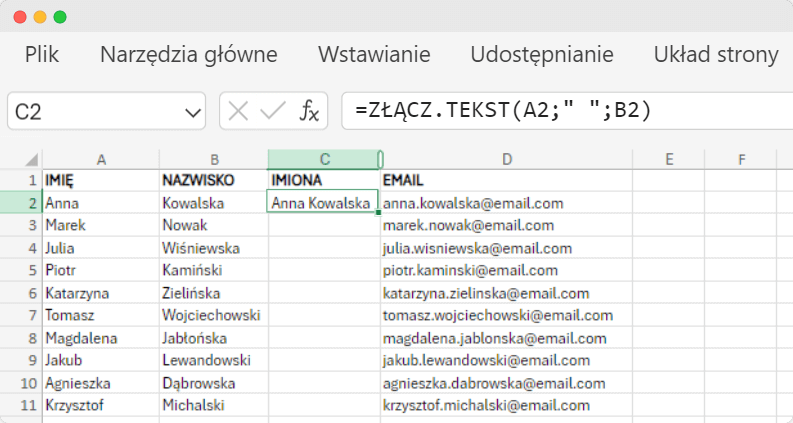 Zrzut ekranu programu Excel pokazujący, jak scalić imię i nazwisko w programie Excel za pomocą funkcji ZŁĄCZ.TEKST, z otwartym menu kontekstowym, aby wkleić tylko wartości. Zrzut ekranu programu Excel pokazujący, jak scalić imię i nazwisko w programie Excel za pomocą funkcji ZŁĄCZ.TEKST, z otwartym menu kontekstowym, aby wkleić tylko wartości.