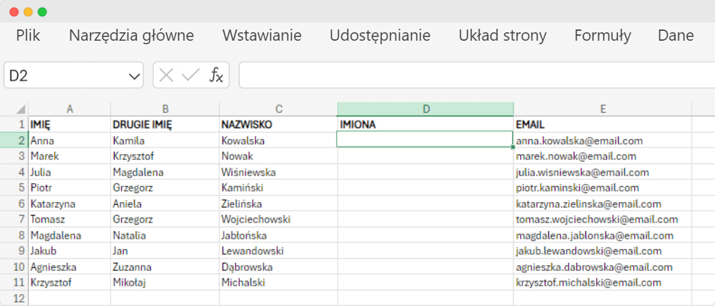 Arkusz kalkulacyjny Excel z przykładem łączenia imienia, drugiego imienia i nazwiska w programie Excel przy użyciu formuły POŁĄCZ.TEKSTY. Arkusz kalkulacyjny Excel z przykładem łączenia imienia, drugiego imienia i nazwiska w programie Excel przy użyciu formuły POŁĄCZ.TEKSTY.