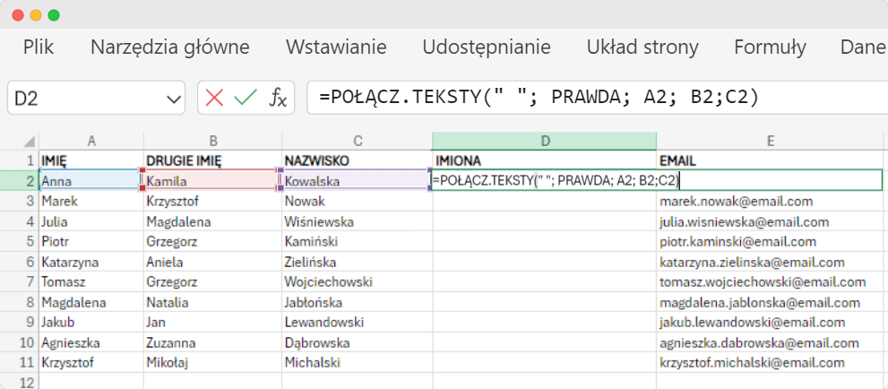 Formuła Excela używająca połącz.teksty do łączenia nazw z kolumn z wiodącymi lub końcowymi spacjami w pełną nazwę, pokazująca krok pośredni, w którym scalane są tylko imię i nazwisko. Formuła Excela używająca połącz.teksty do łączenia nazw z kolumn z wiodącymi lub końcowymi spacjami w pełną nazwę, pokazująca krok pośredni, w którym scalane są tylko imię i nazwisko.