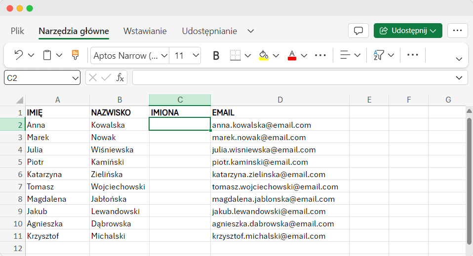 Tabela programu Excel pokazująca, jak przygotować arkusz kalkulacyjny, żeby połączyć dwie kolumny w Excelu imię i nazwisko metodą Ampersand. Tabela programu Excel pokazująca, jak przygotować arkusz kalkulacyjny, żeby połączyć dwie kolumny w Excelu imię i nazwisko metodą Ampersand.