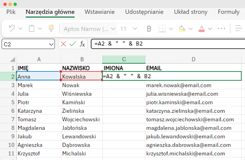 Arkusz programu Excel z formułą pokazującą, jak połączyć dwie kolumny w Excelu imię i nazwisko metodą Ampersand z podświetleniem formuły używanej w kolumnie Imiona. Arkusz programu Excel z formułą pokazującą, jak połączyć dwie kolumny w Excelu imię i nazwisko metodą Ampersand z podświetleniem formuły używanej w kolumnie Imiona.